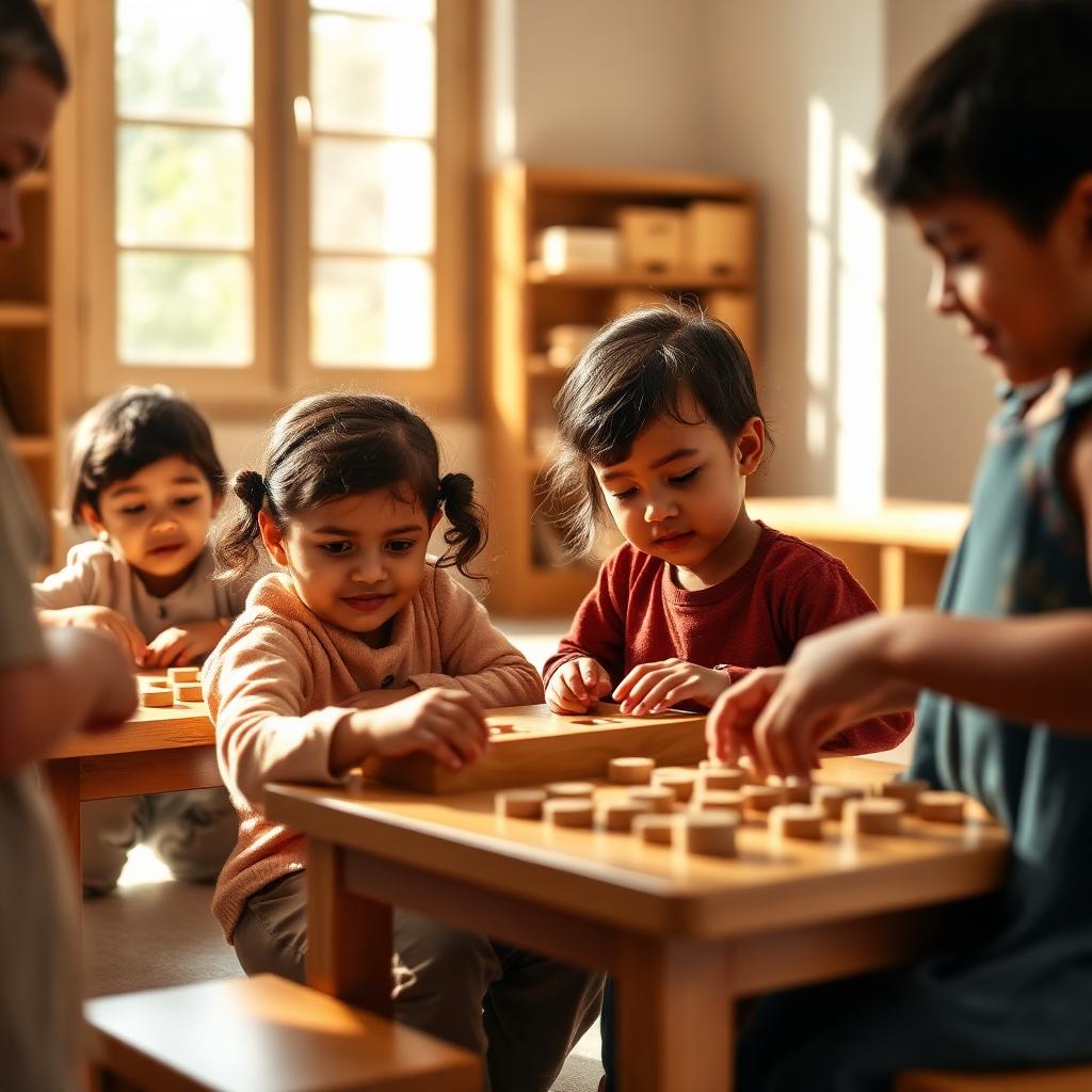 Children working with Montessori materials in a warm classroom